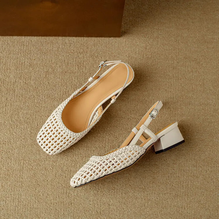 Women's beige woven hollow-out closed toe sandals with a square toe, buckle fastening, and chunky 4cm rubber heel.