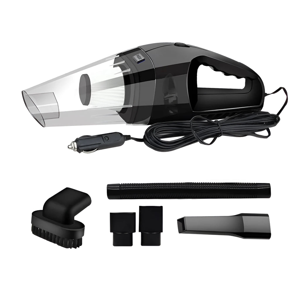 Orange and black handheld car vacuum cleaner with hose, nozzles, and a long power cord with cigarette lighter plug.