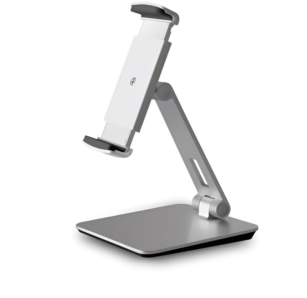 Silver folding aluminium phone and tablet stand with 360-degree rotation on desktop