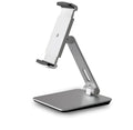 Silver folding aluminium phone and tablet stand with 360-degree rotation on desktop
