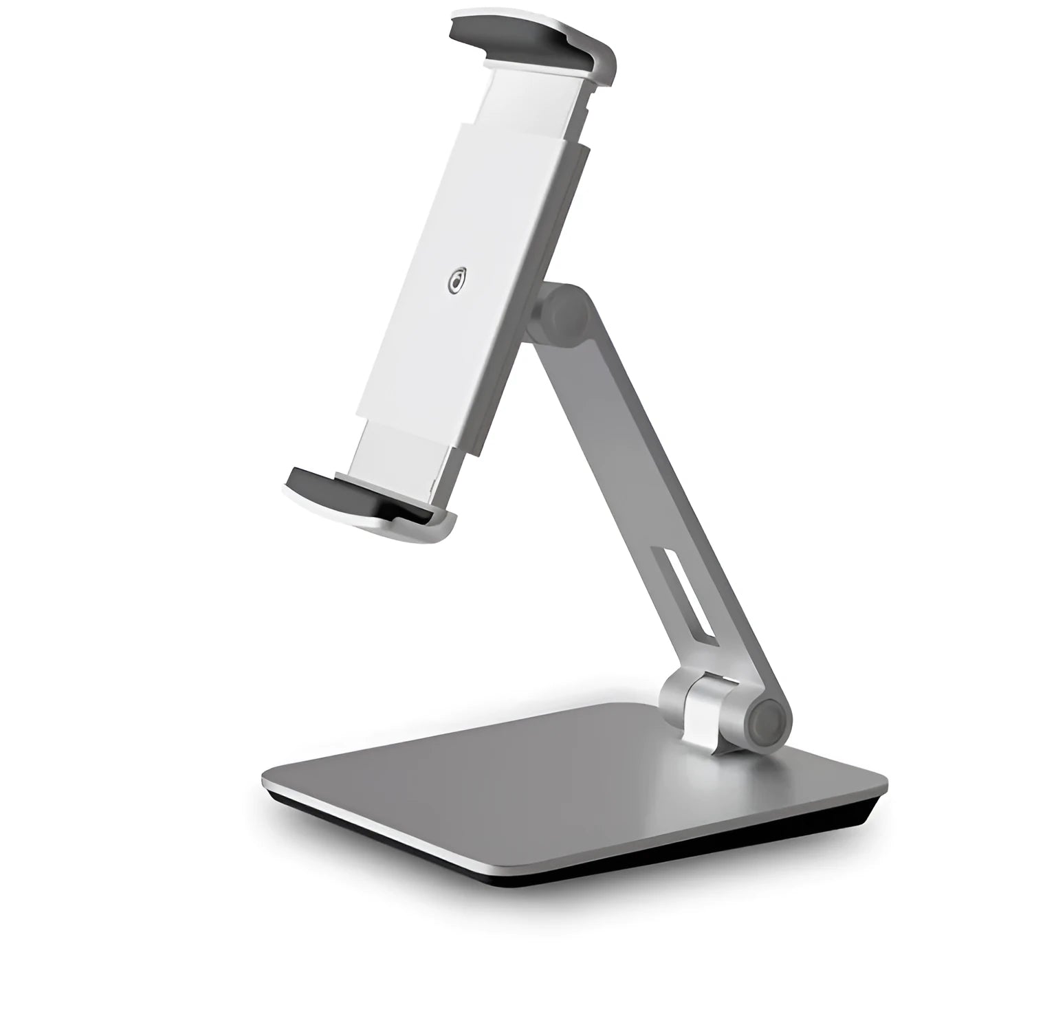 Silver folding aluminium phone and tablet stand with 360-degree rotation on desktop