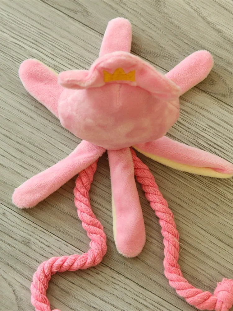 Pink octopus pet plush rope toy for dogs with tentacle design and rope construction