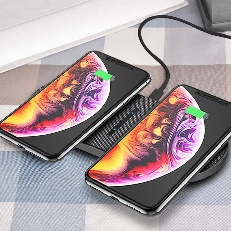 Black wireless charger pair with dual 10W charging pads and USB-C connection