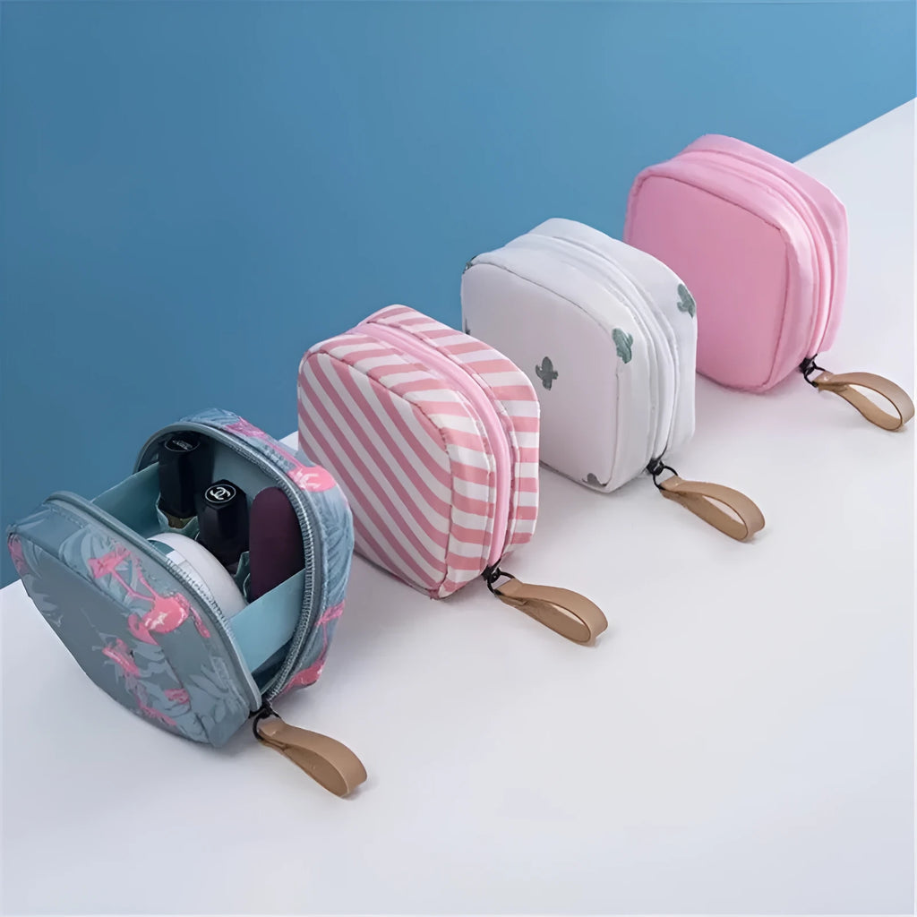 Cube-shaped makeup storage bag in fabric construction with multiple colour options