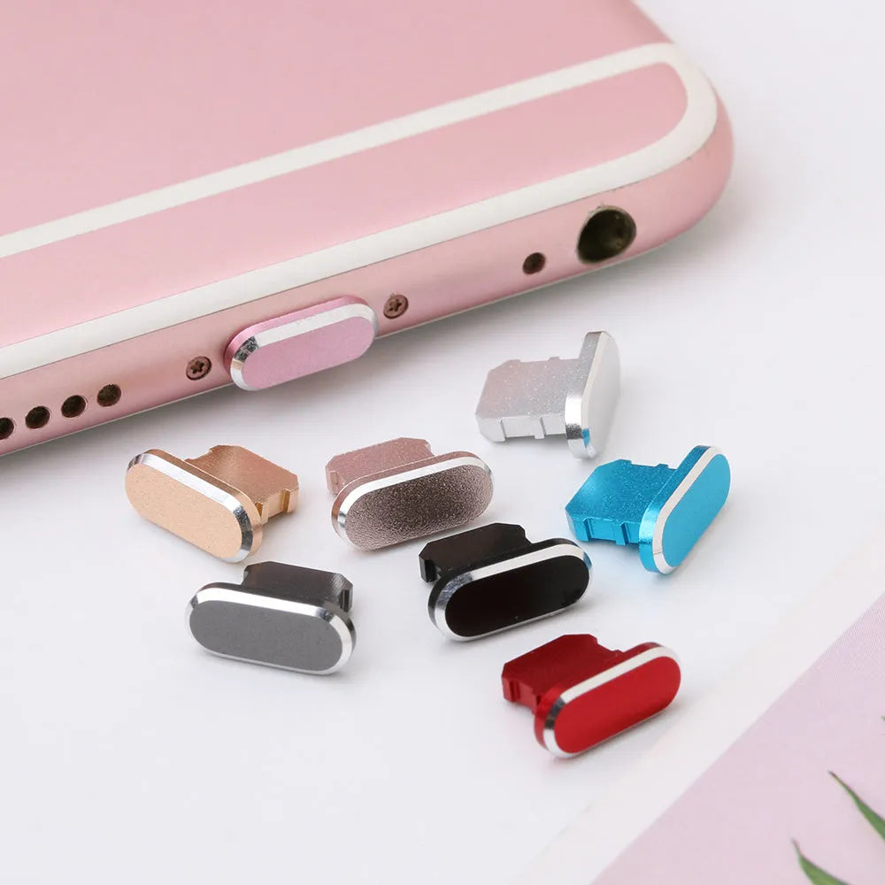 Aluminium alloy dust plug for iPhone charging port in gold, silver, blue, red, grey, black, and rose gold colours.