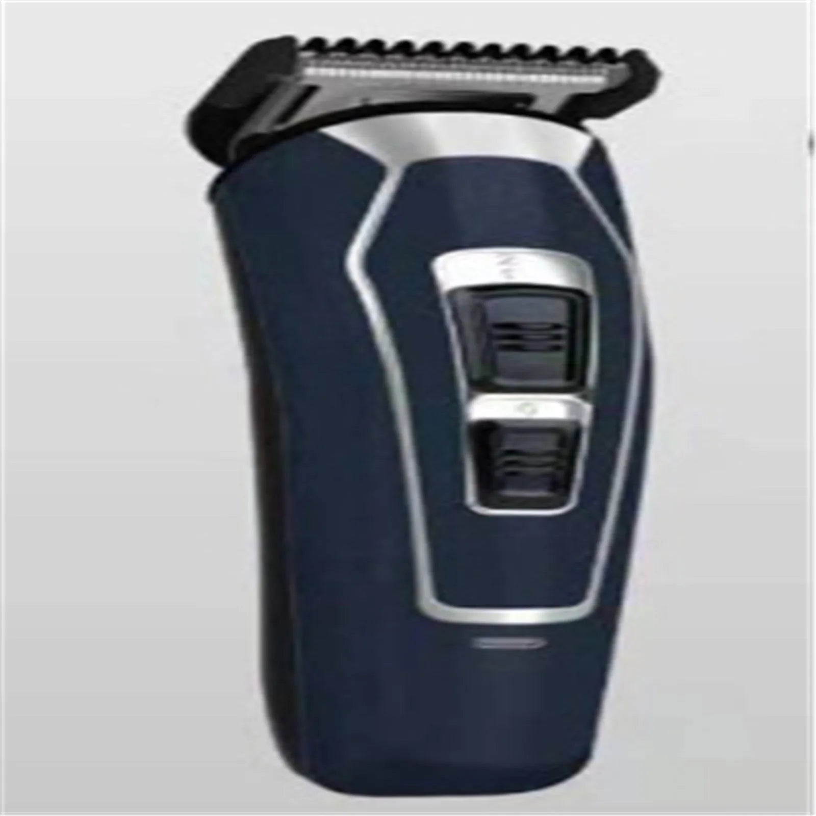 Rechargeable dark blue electric hair clipper with stainless steel blades on a white background.