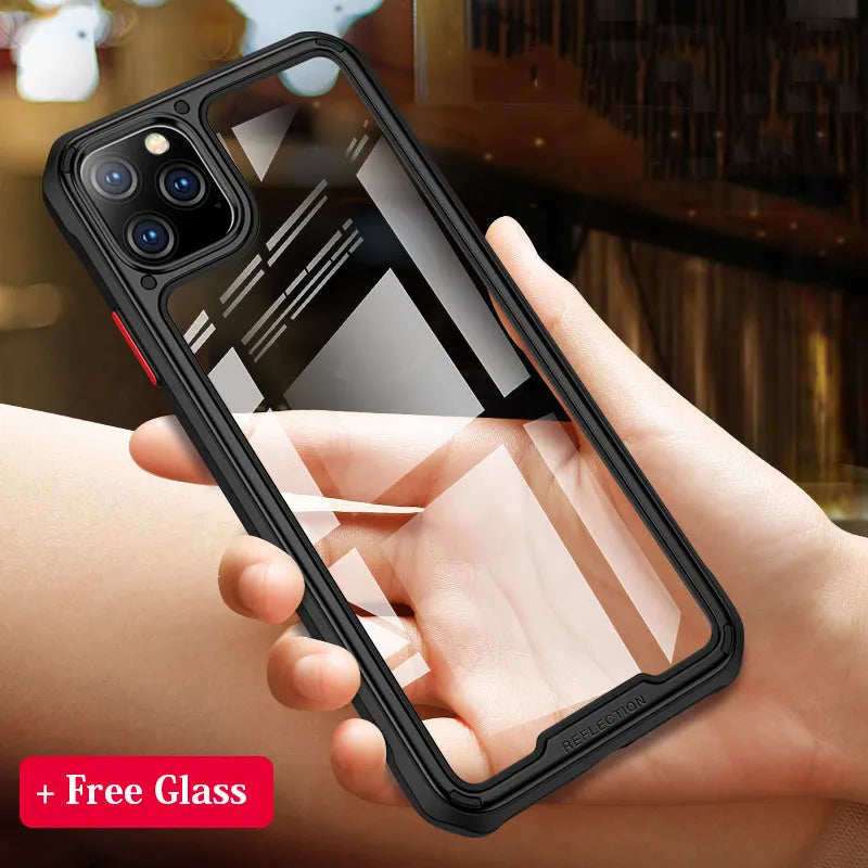 Transparent iPhone 11 mobile phone case in multiple colours showing PU and TPU construction.