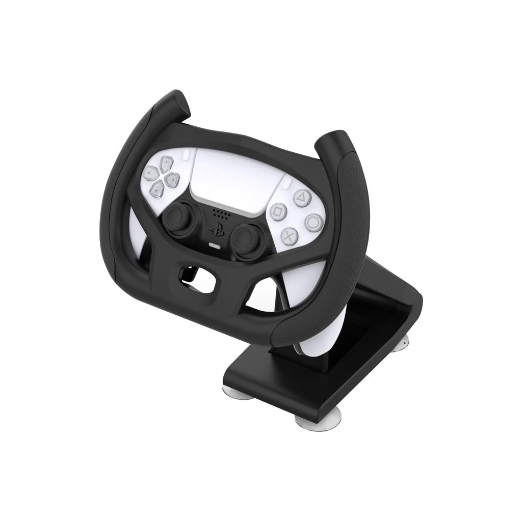 Black ABS gamepad steering wheel bracket with suction cup base, holding a console controller.