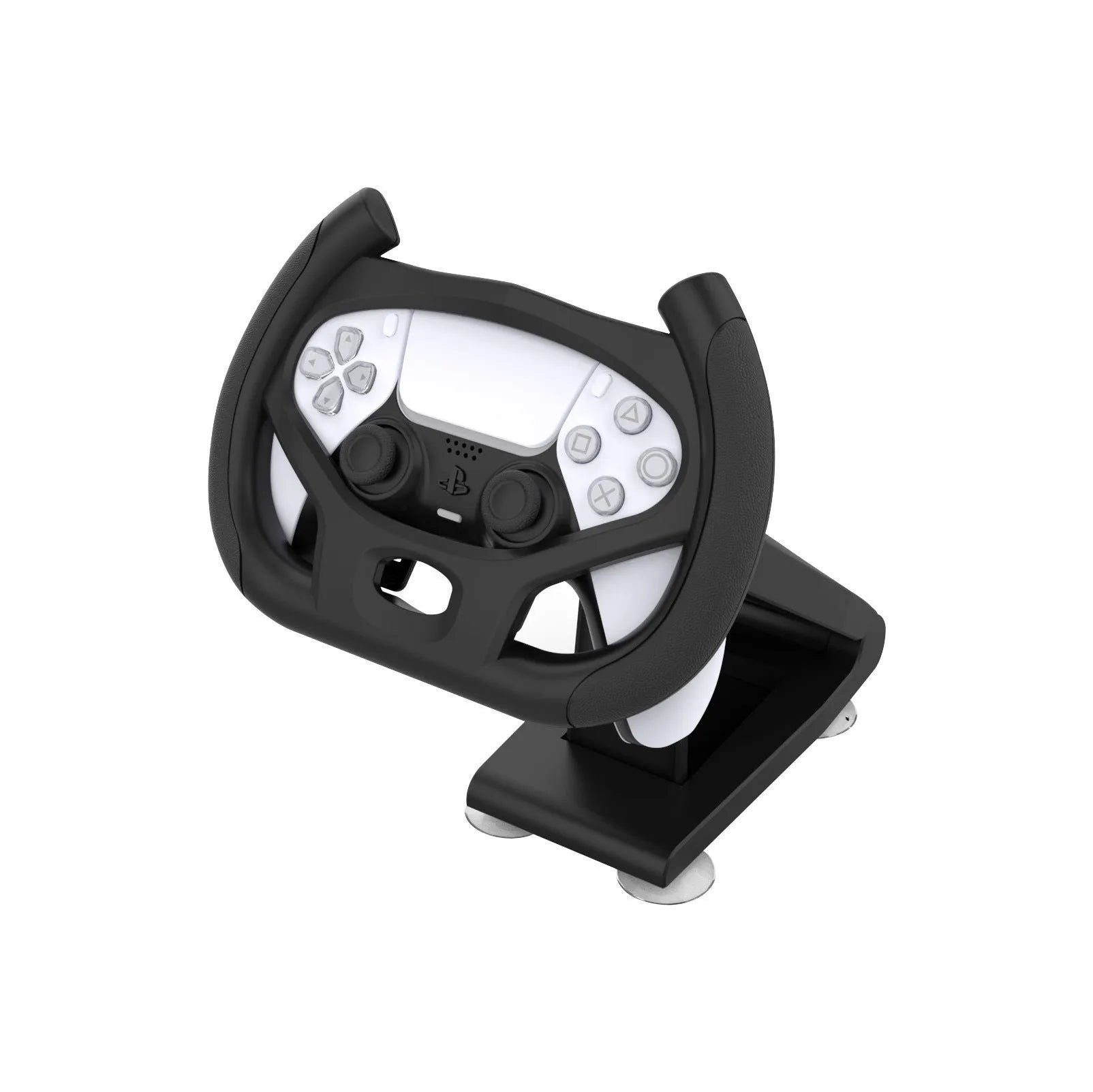 Black ABS gamepad steering wheel bracket with suction cup base, holding a console controller.