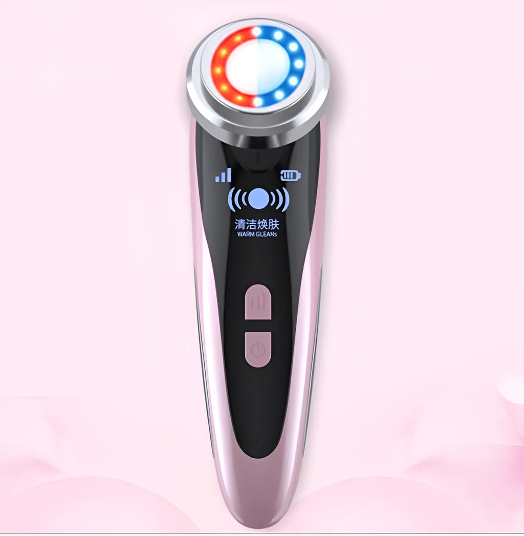 Beauty instrument cleanser in rose pink with three speed settings on white background