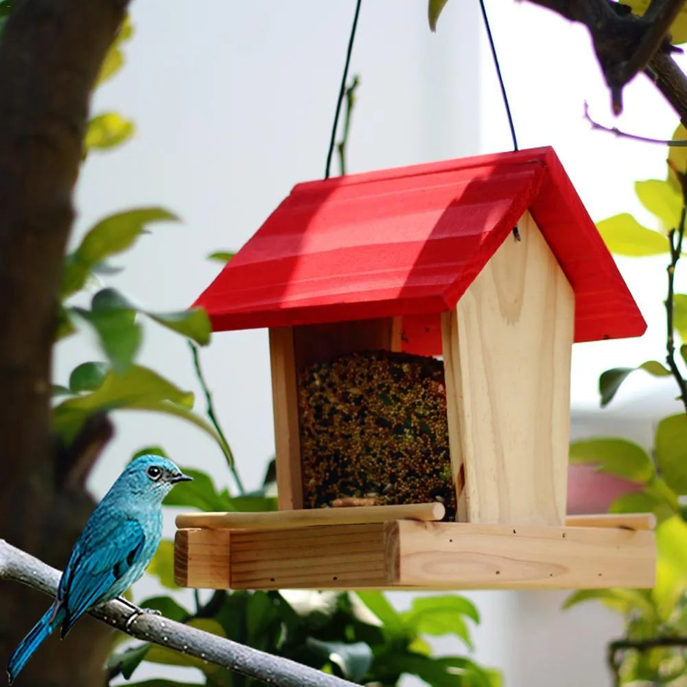 Suspended rain-proof field dispenser feeder with red roof and log-textured pine body