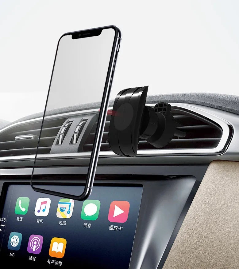 Black car phone holder mounted on vehicle air vent with smartphone