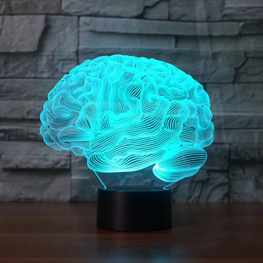 3D brain illusion LED desk lamp with acrylic design and remote control on wooden surface