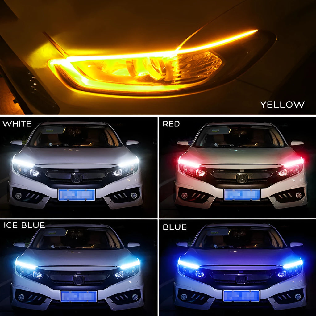 Slim silicone car LED daytime running light strip with flowing turn signal effect on a vehicle headlight.