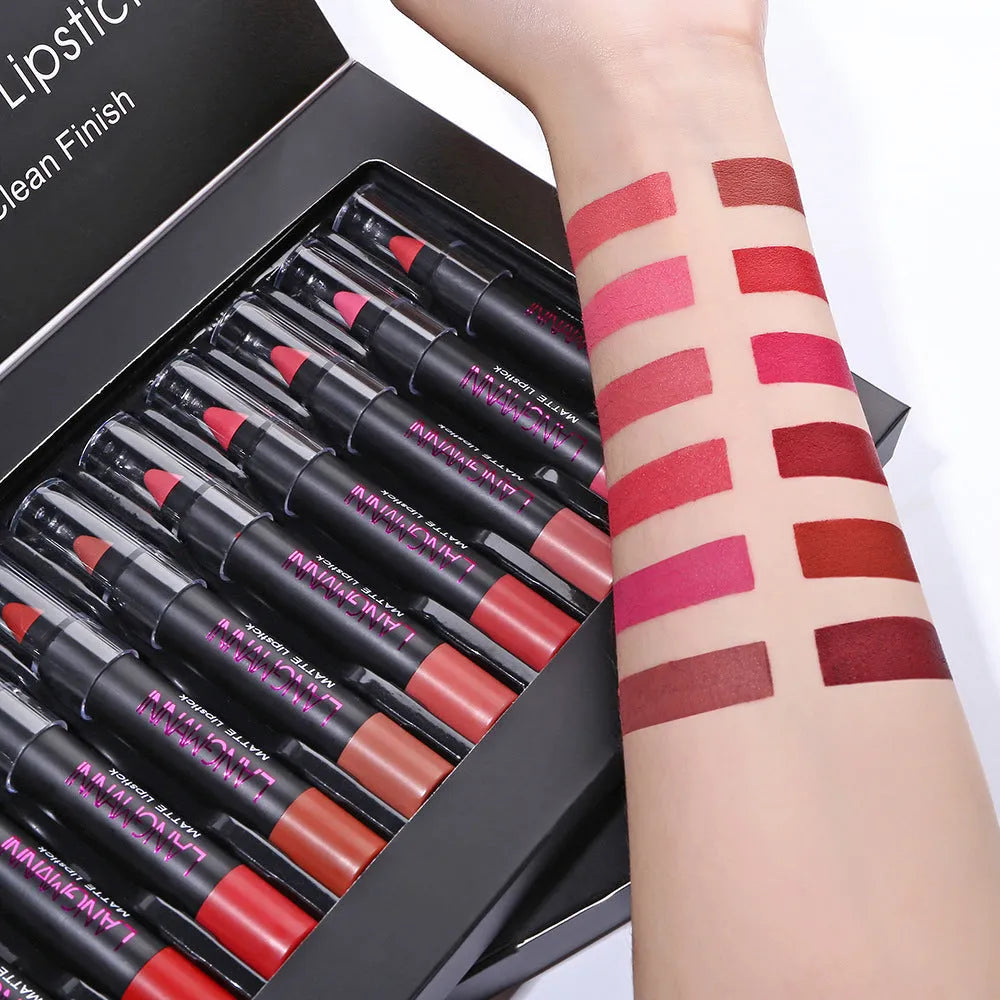 Non-stick cup matte velvet lipstick set with 12 long-lasting 3.5g lipsticks in a range of colours