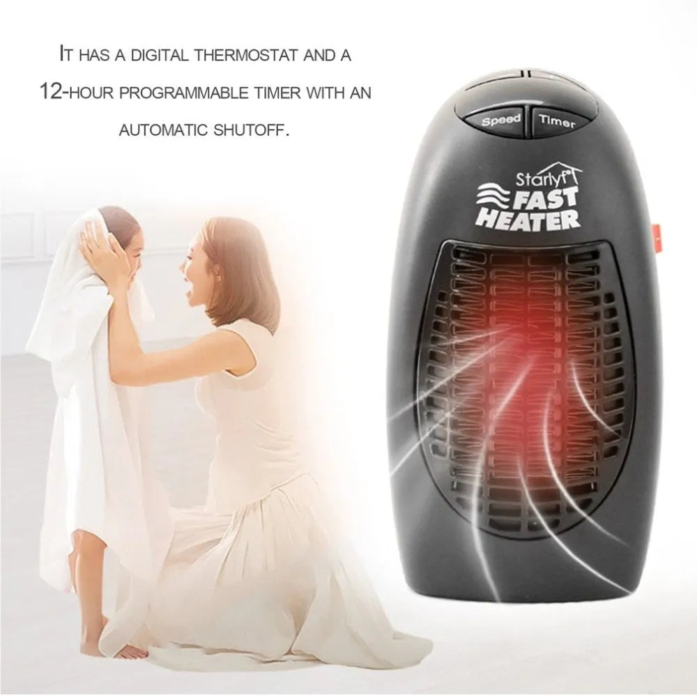 Black compact ceramic electric heater with digital display and a rotating three-prong plug on a white background.