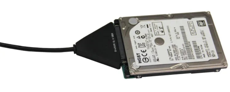 Black USB 3.0 to SATA 7+15 pin adapter cable with separate power supply line for external hard drive connection.