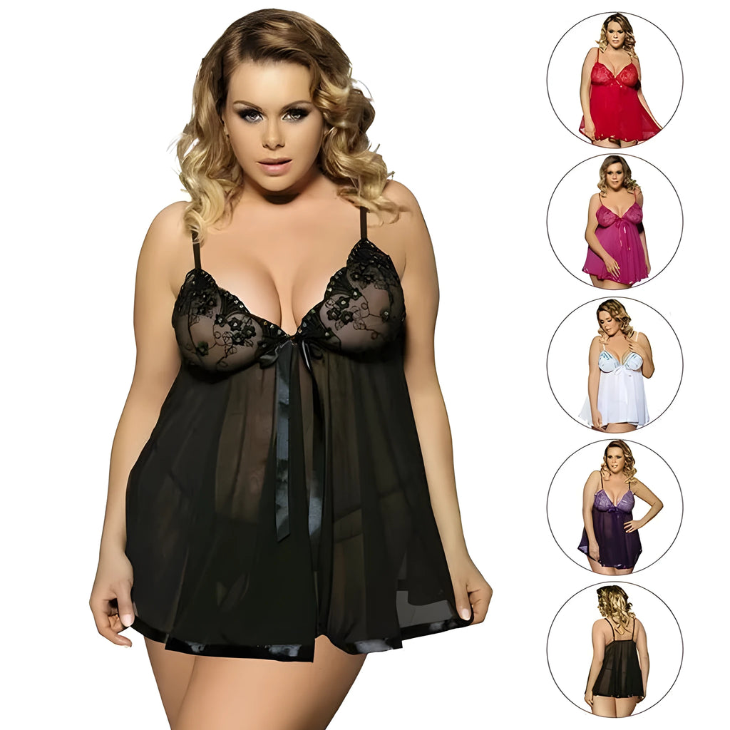 Women's plus-size purple polyester sleepdress with lace detailing and mesh panels