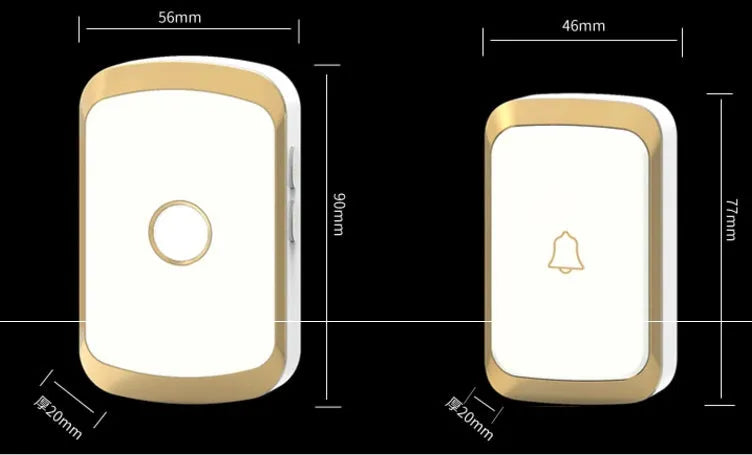 Wireless doorbell system showing transmitter and receiver units with 300m range capability