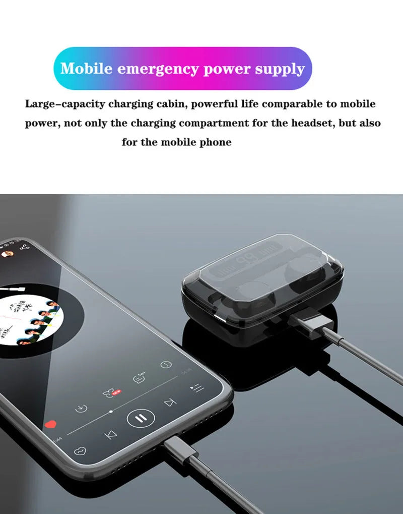 Black M11 Bluetooth wireless headset with digital display and integrated mobile phone holder.