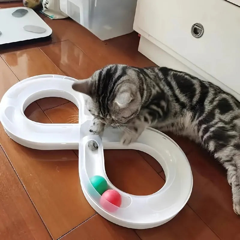 Blue and white cat turntable track toy with self-hi motion system and teasing wand