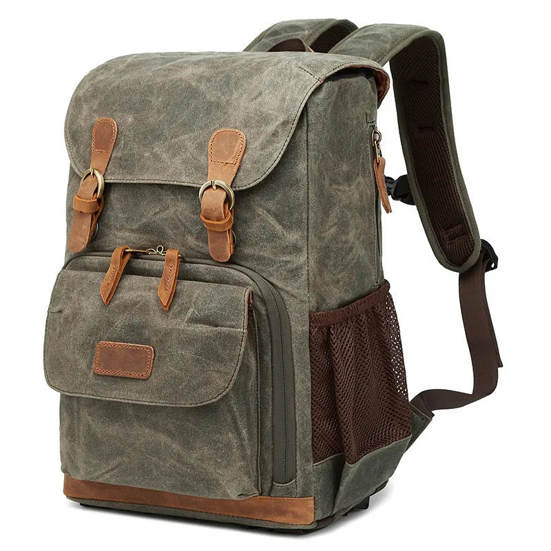 Canvas DSLR camera backpack in khaki colour with waterproof and anti-theft features