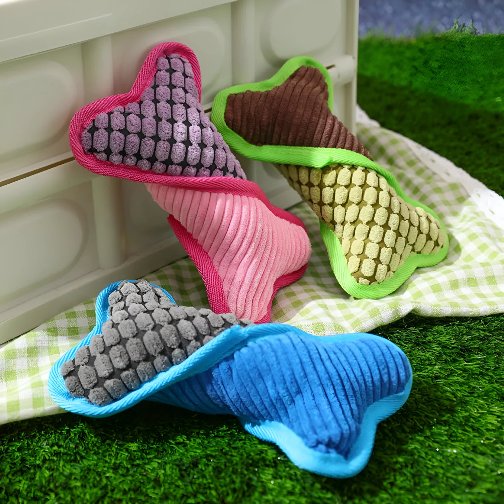 Blue teddy dog toy with squeaker bone, showing soft corn fleece lining and bite-resistant construction