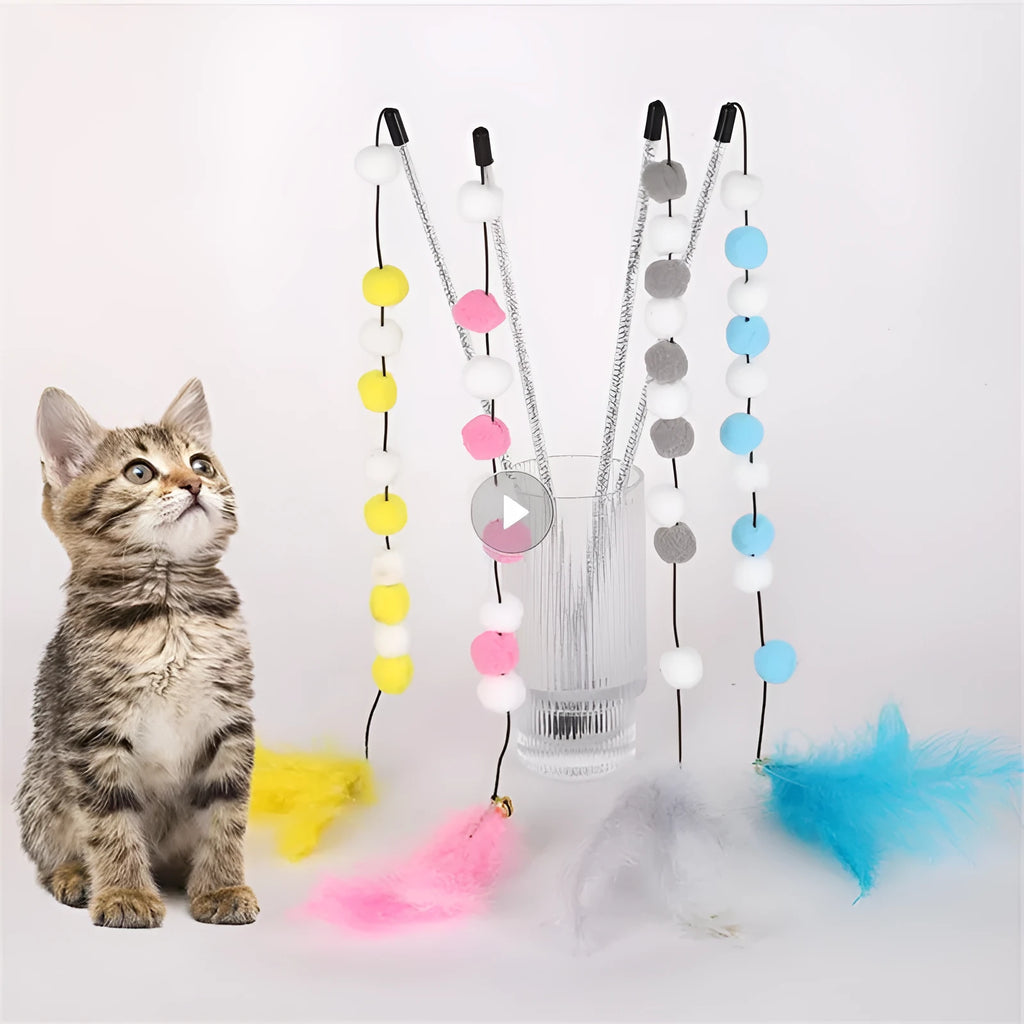 31cm long cat teaser toy rod with colourful pompons, feathers, and bell for interactive play