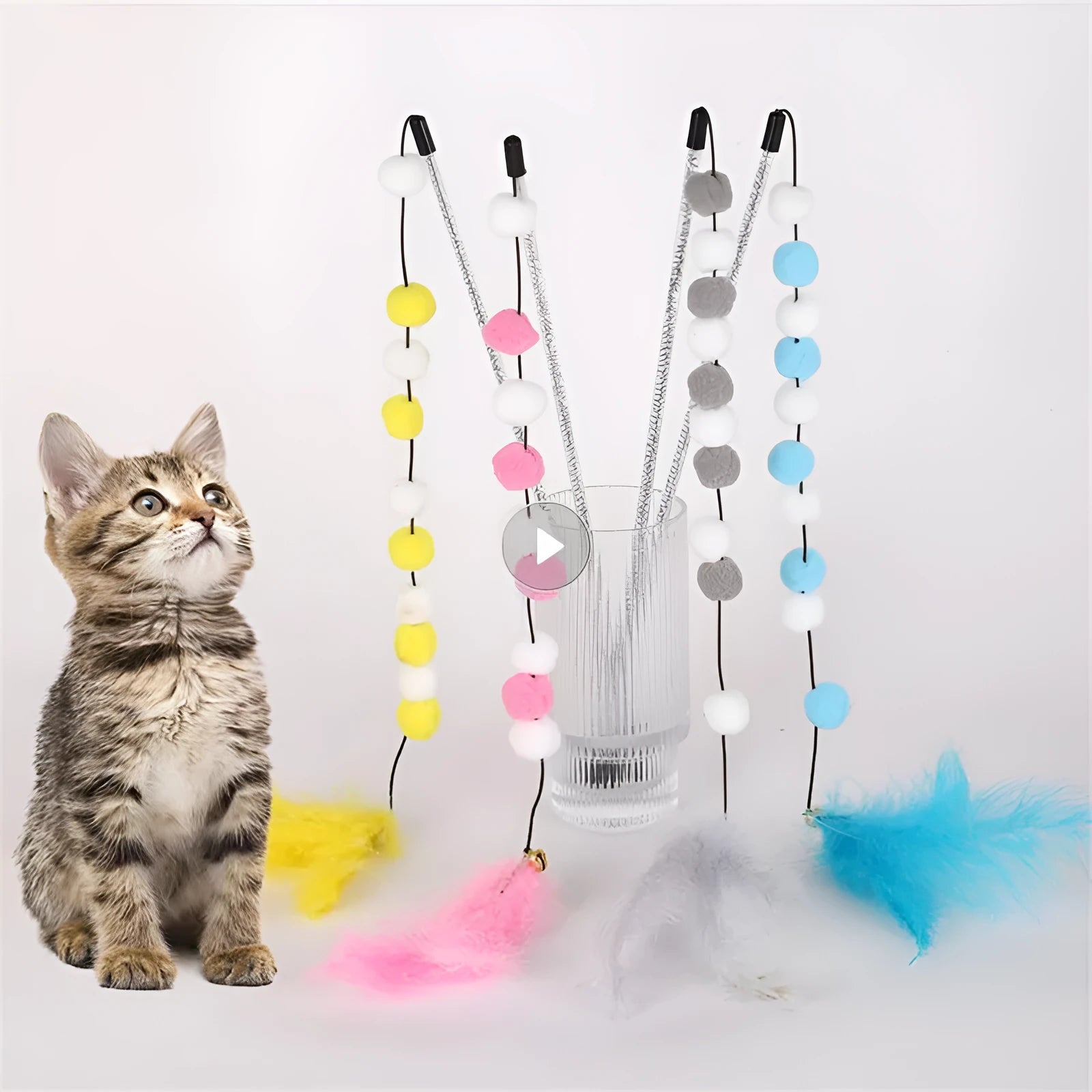 31cm long cat teaser toy rod with colourful pompons, feathers, and bell for interactive play