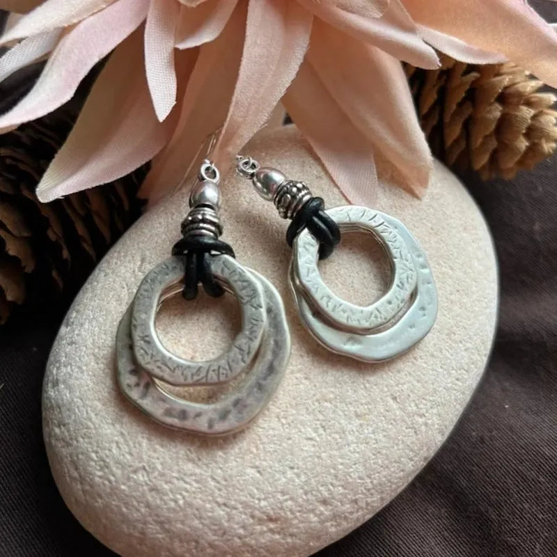 Silver circular bohemian alloy earrings with geometric round shape for women