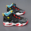 Children's rotating button basketball shoes in synthetic leather with PU sole, showing fastening system and colour options