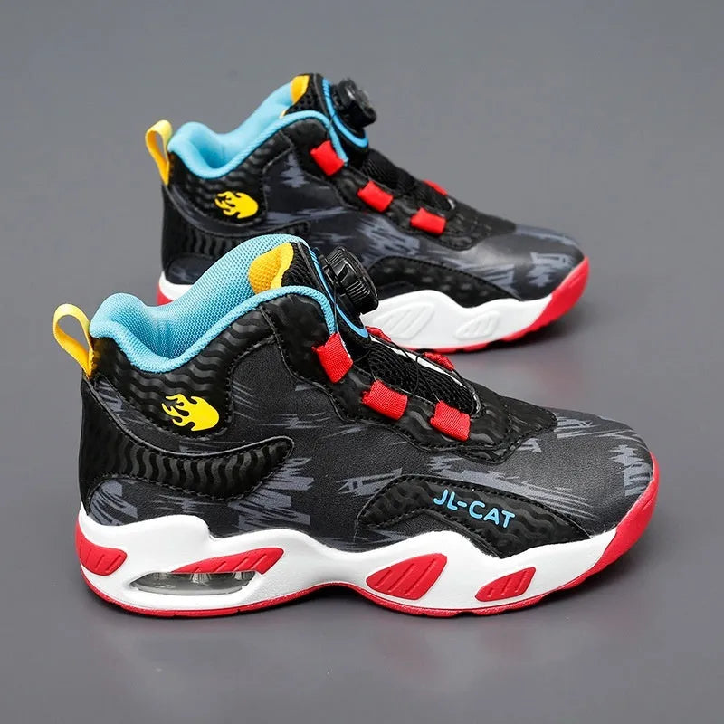 Children's rotating button basketball shoes in synthetic leather with PU sole, showing fastening system and colour options