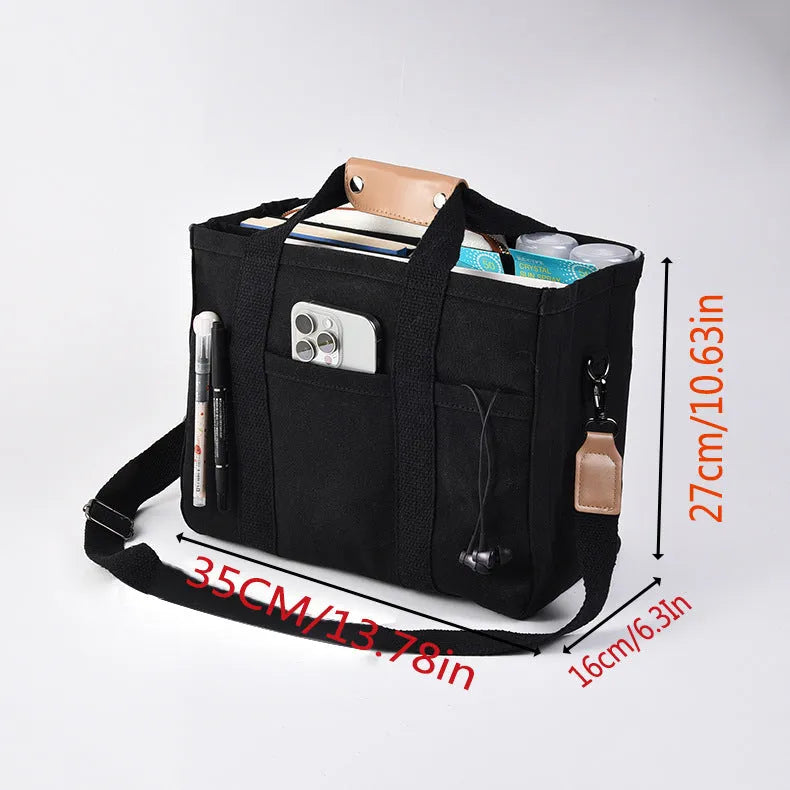 Canvas single shoulder crossbody bag in black, vertical square shape, 36x18x28cm, with zipper and buckle closure