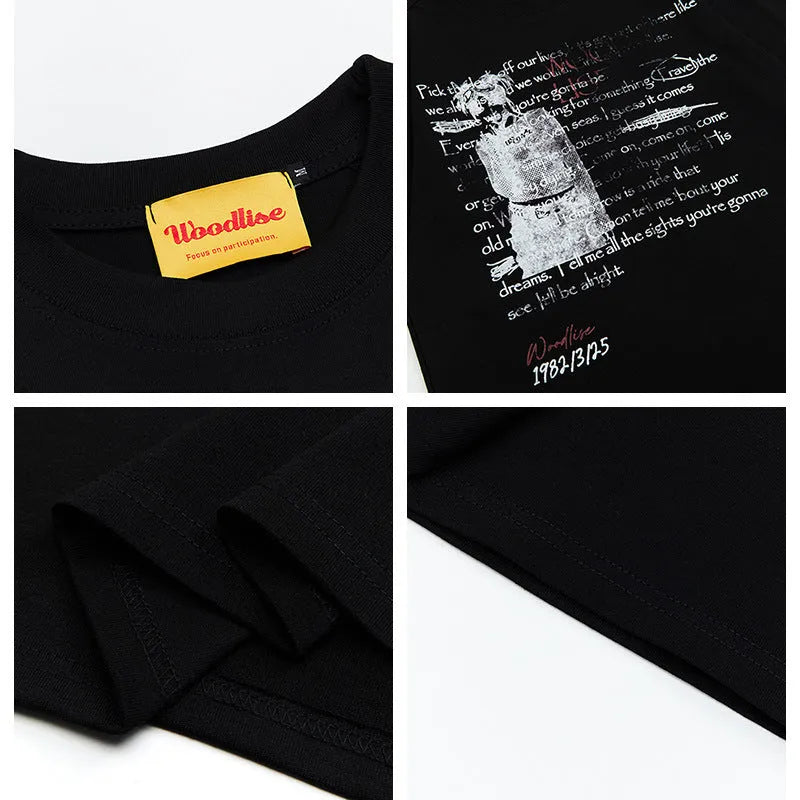 Men's black pure cotton hip hop T-shirt with white retro letter printing and raglan sleeves