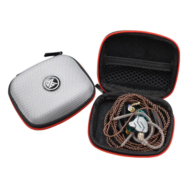 EVA anti-pressure earphone storage bag in black with zipper closure on white background