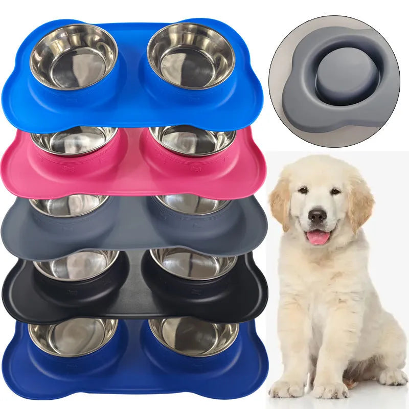 Large silicone double dog bowl with stainless steel inserts in blue colour