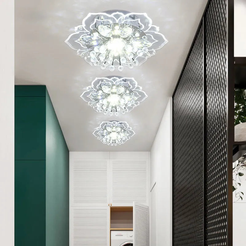 Modern crystal ceiling lamp with flower-shaped shade showing concealed and exposed installation options
