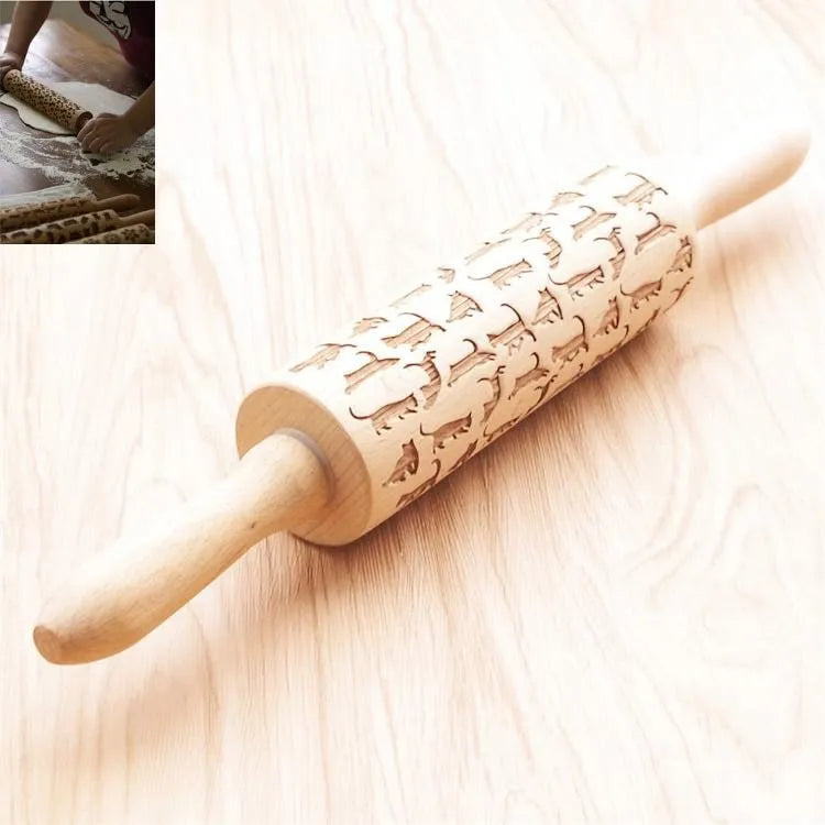 Wooden Christmas embossing rolling pin with snowflake and reindeer patterns on dough, 45x5x5cm natural wood non-stick surface