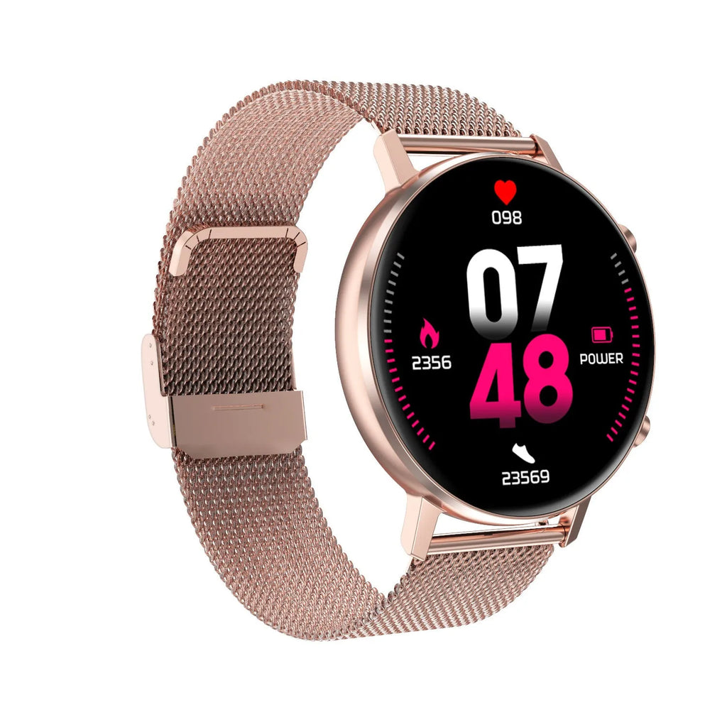 DT96 smart bracelet with 1.3-inch screen on a stainless steel strap in silver colour.
