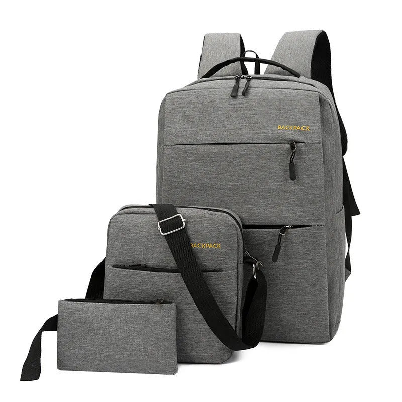 Three matching men's computer bags with USB ports in nylon showing wine red, black, grey and navy blue colour options