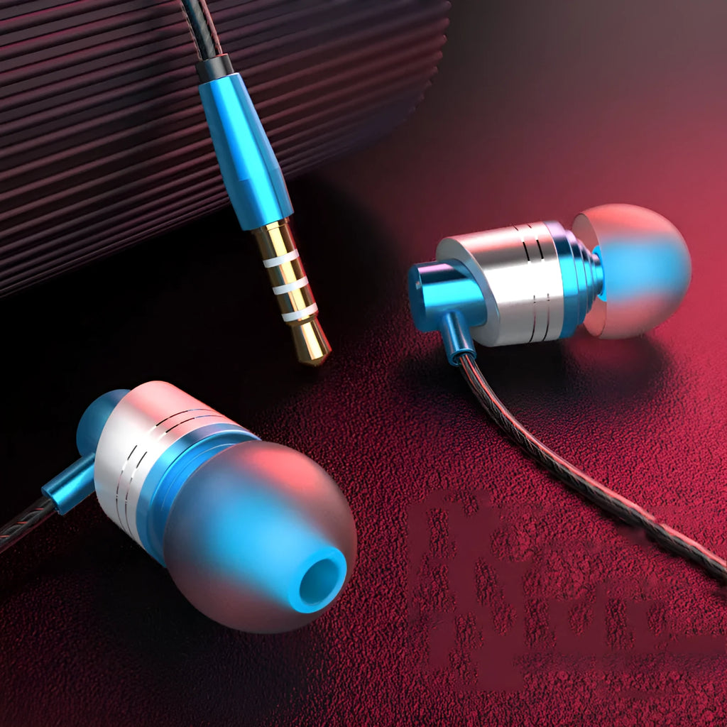 Wired in-ear earphones with microphone, 3.5mm jack, and TPE cable in black, blue, and red colour options.