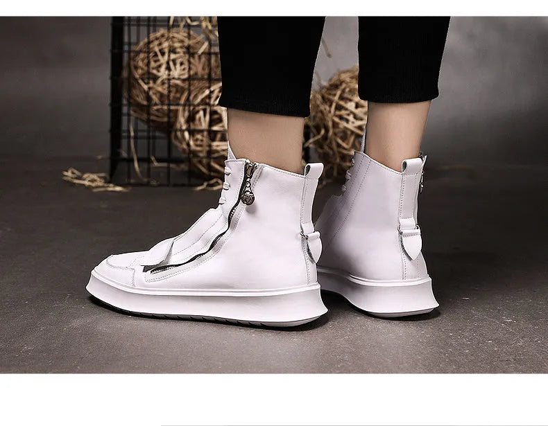 Men's black and white PU leather winter ankle boots in high-top sneaker style with microfiber upper