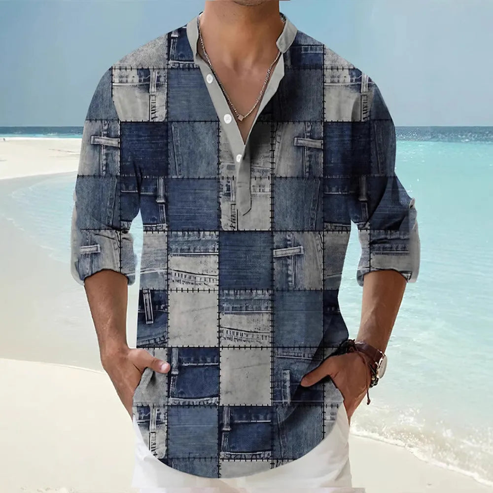 Thin striped Hawaiian-style long sleeve casual shirt on a hanger.