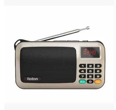 Golden Rolton W405 portable FM radio and MP3 speaker with LED display and control buttons.