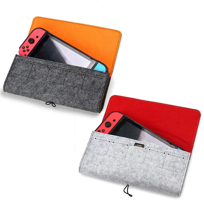Black Nintendo Switch soft felt carrying pouch case showing game cartridge slots and double storage layers.