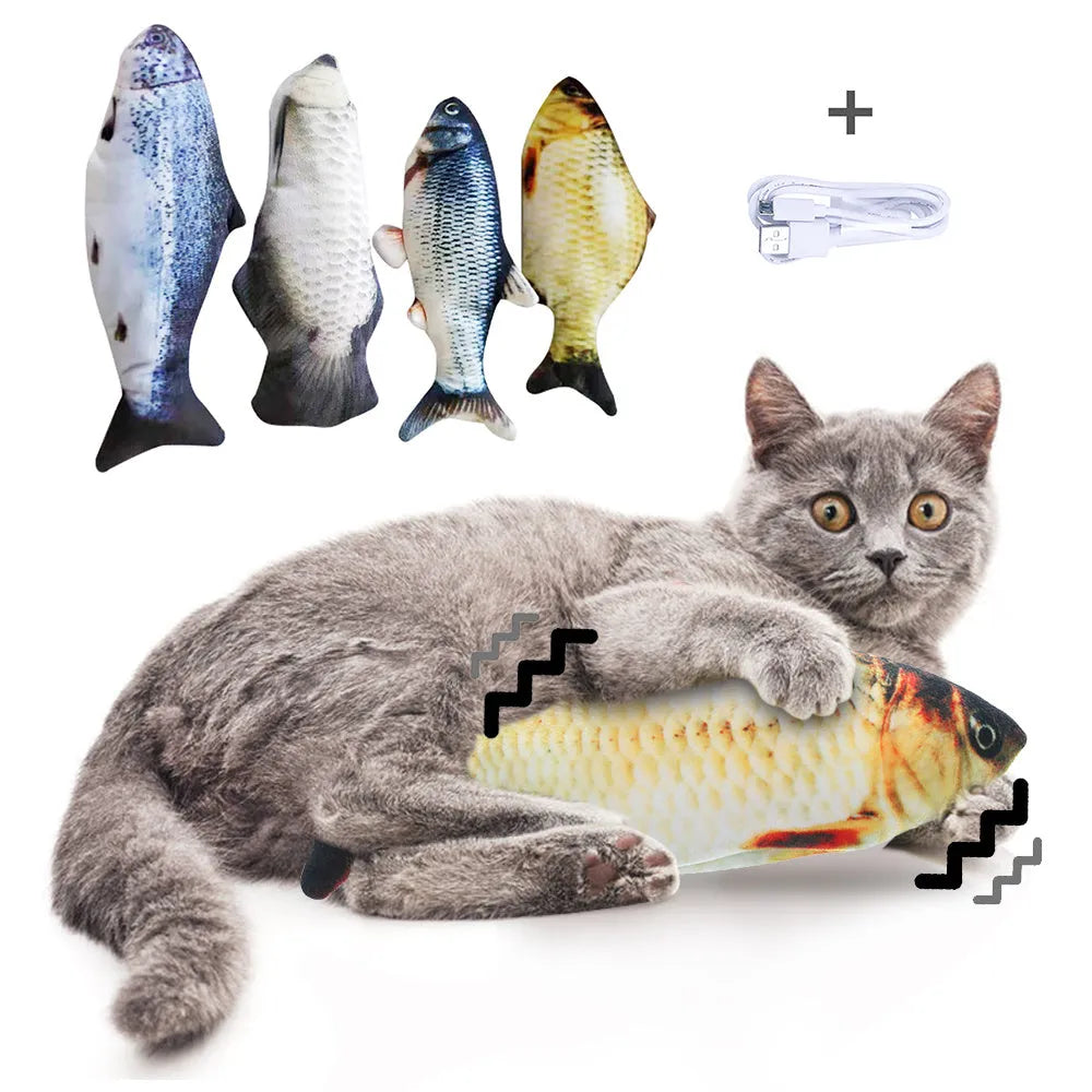 Electronic jumping fish cat toy 30cm long with USB charging cable