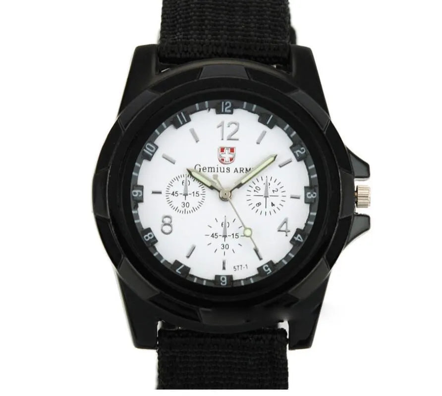Cloth belt weaving military watch with quartz movement 40.5mm round dial and textile strap on display
