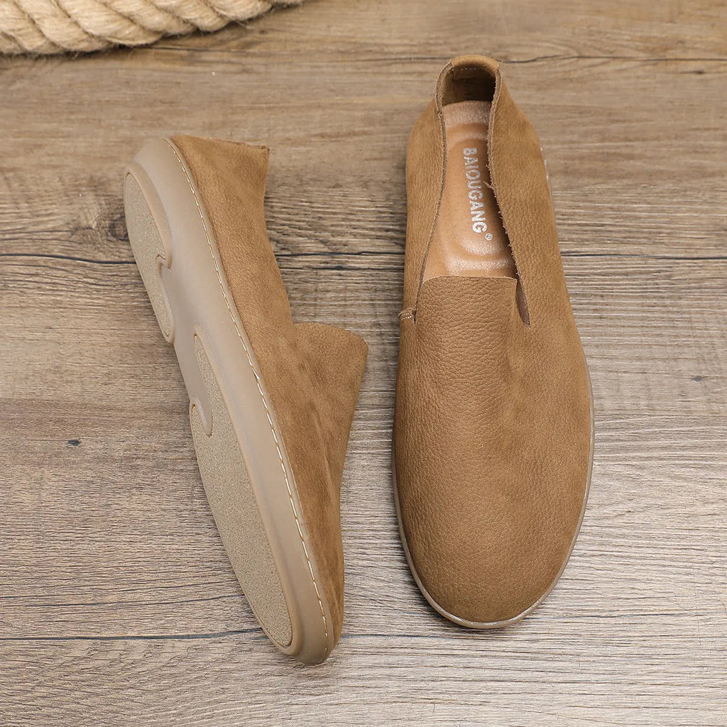 Men's handmade khaki and grey low-top casual shoes with a cowhide lining and rubber wedge sole.