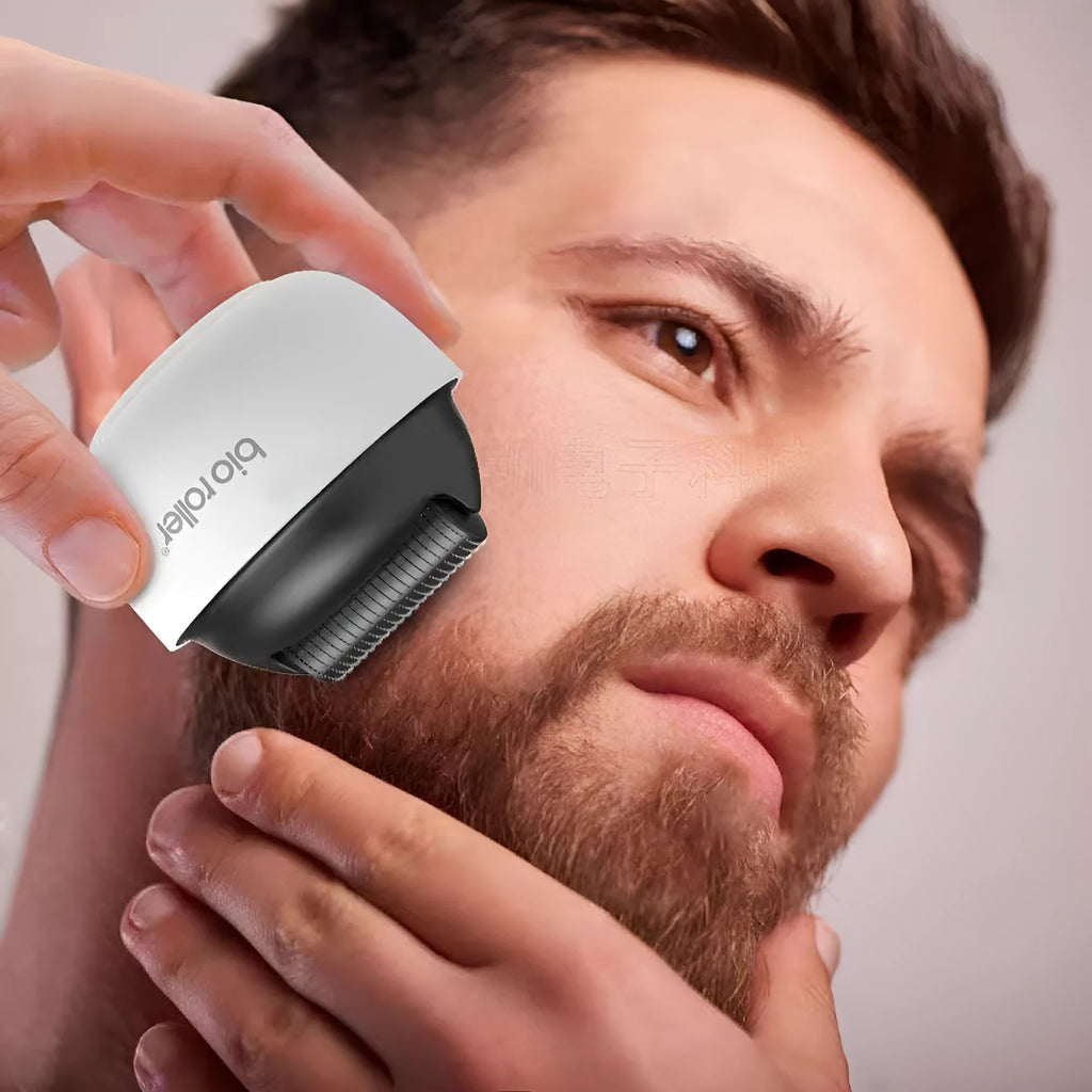 Men's G4 white portable beard derma roller with six microneedle length options on a clean surface