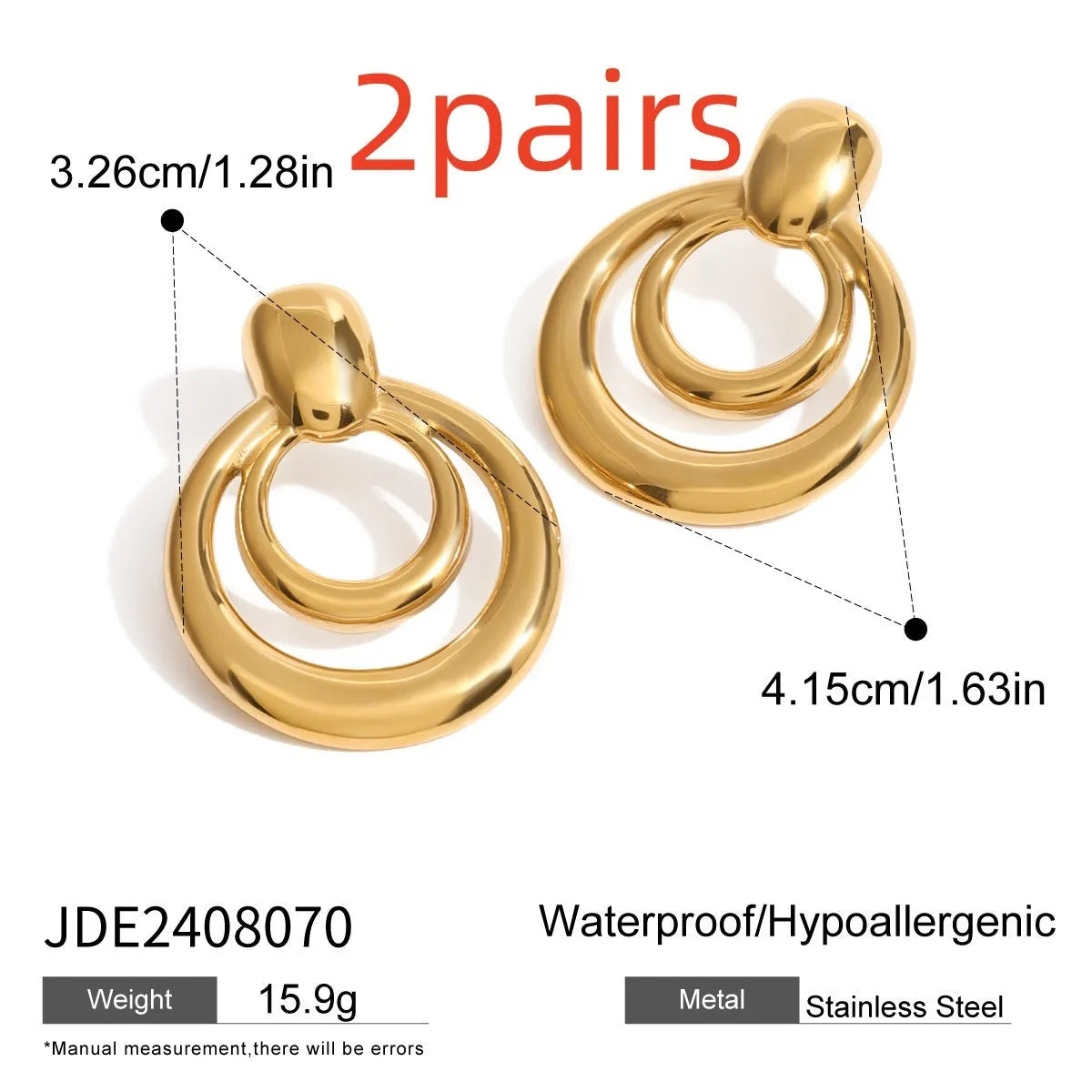 Gold tone geometric round stud earrings with hollow double-layer design on titanium steel backing